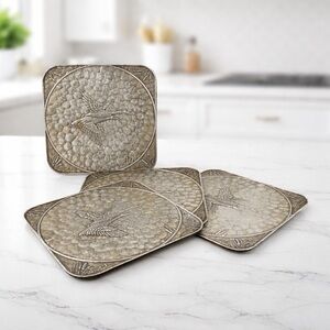 Vintage 6” Silver Tone Crane Coasters Set of 4 Hammered Metal